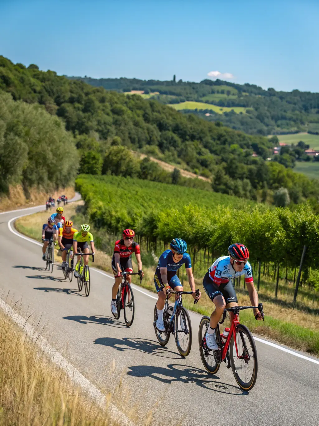 A group of cyclists racing through a scenic countryside, highlighting endurance and teamwork, with RBC-sponsored cycling gear visible.