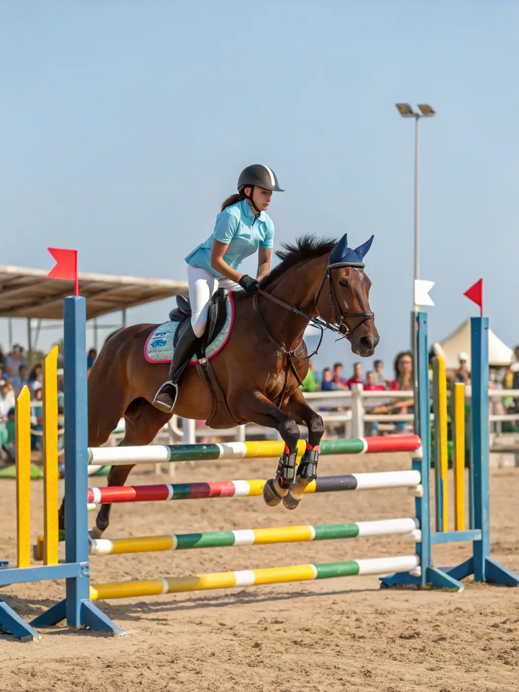 A vibrant image of young equestrians participating in a show jumping competition, showcasing the energy and skill involved in the sport, with the RBC logo subtly visible in the background.